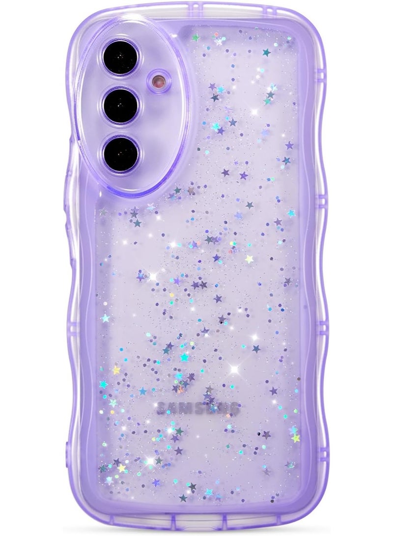جراب لهاتف سامسونج جالاكسي A16 4G/5G مقاس 6.7 بوصة، جراب مموج لطيف مع بريق النجوم، غطاء حماية شفاف لامع من مادة TPU الناعمة المقاومة للصدمات، مناسب للنساء والفتيات - بنفسجي - Image 1