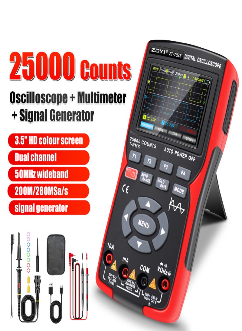 3 in 1 Digital Multimeter 50MHz Bandwidth 280MS Sampling Rate PC Waveform Data Storage Dual Channel Oscilloscope Signal Generator 3.5 Inch Color Display Digit Multimeter Handheld Oscope Meter Handheld - Image 2