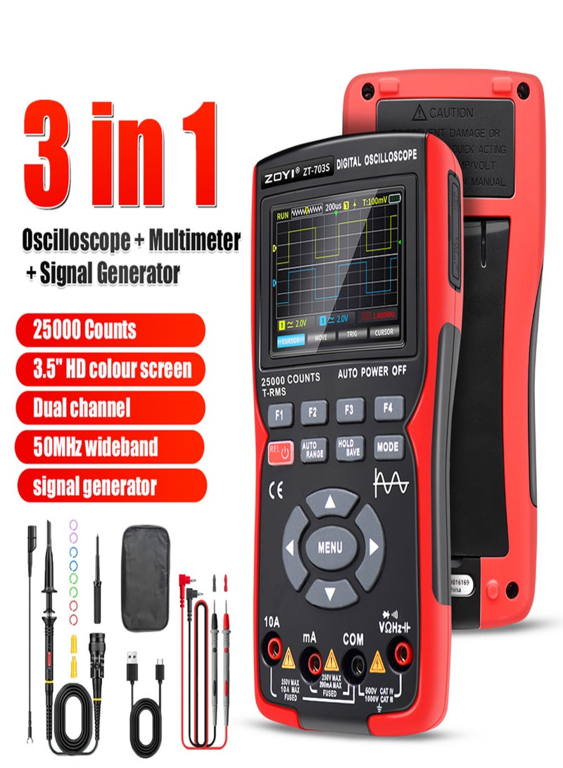 3 in 1 Digital Multimeter 50MHz Bandwidth 280MS Sampling Rate PC Waveform Data Storage Dual Channel Oscilloscope Signal Generator 3.5 Inch Color Display Digit Multimeter Handheld Oscope Meter Handheld - Image 3
