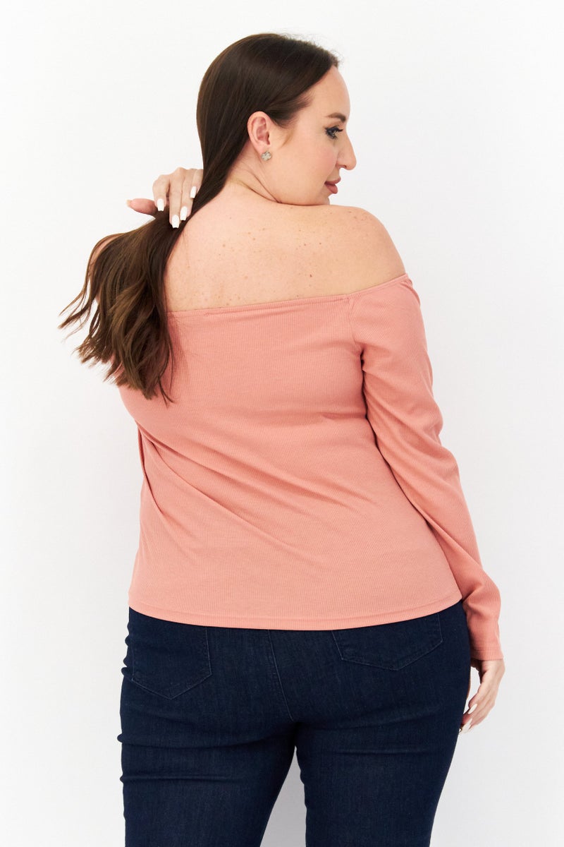 NA-KD Women Off The Shoulder Neck Long Sleeves Button Top, Dusty Pink - Image 3