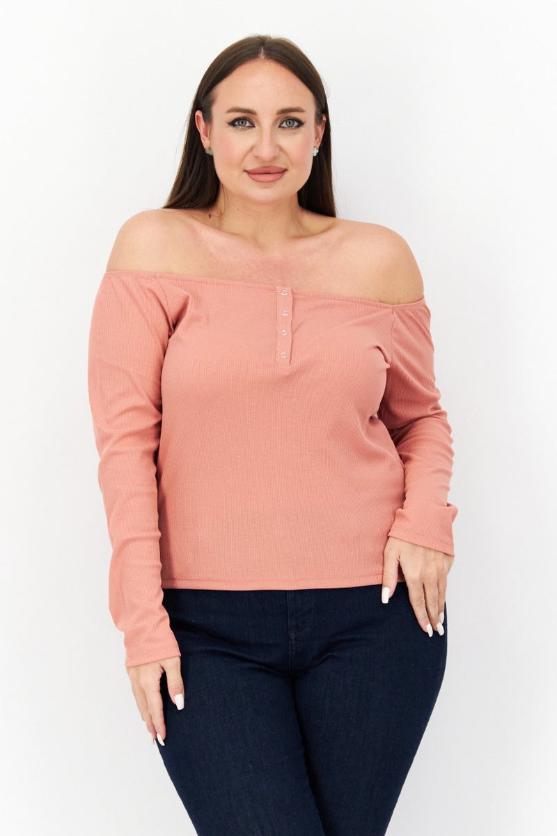 NA-KD Women Off The Shoulder Neck Long Sleeves Button Top, Dusty Pink - Image 1
