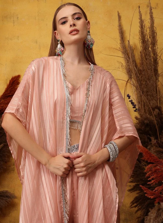 Indo Street Pink Striped Top, Palazzo & Shrug Set for Women