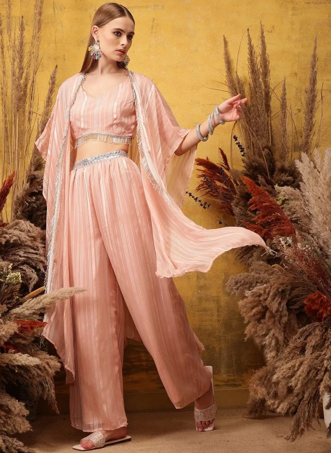 Indo Street Pink Striped Top, Palazzo & Shrug Set for Women
