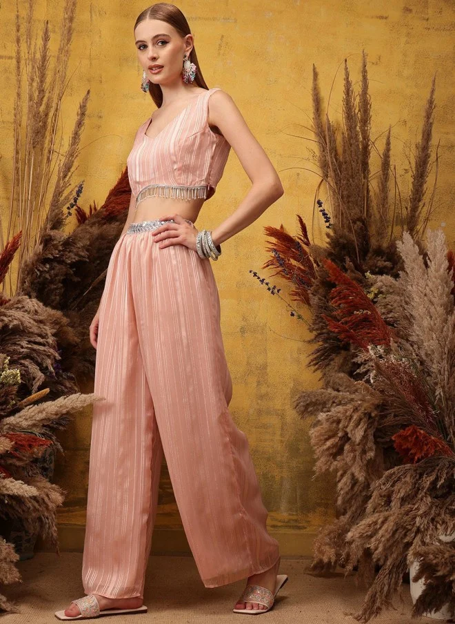 Indo Street Pink Striped Top, Palazzo & Shrug Set for Women