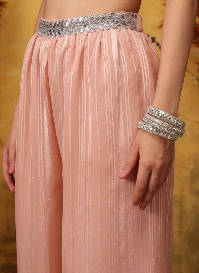 Indo Street Pink Striped Top, Palazzo & Shrug Set for Women