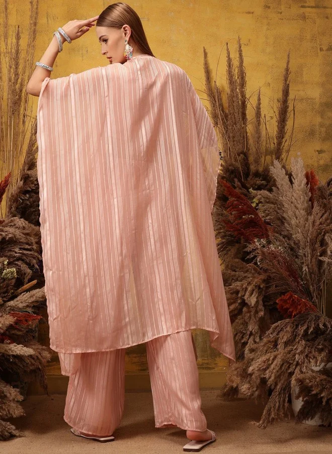 Indo Street Pink Striped Top, Palazzo & Shrug Set for Women
