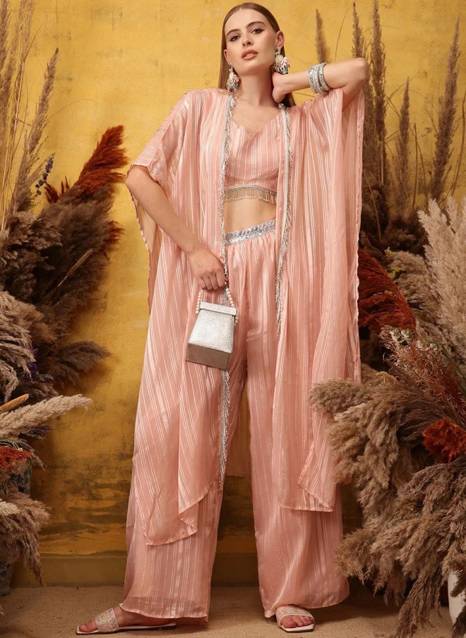 Indo Street Pink Striped Top, Palazzo & Shrug Set for Women