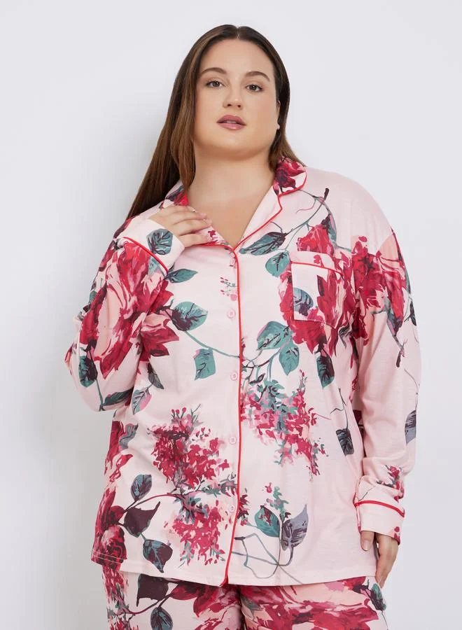 Styli Styli Plus Size Big Scale Floral Print Shirt and Pyjama Set