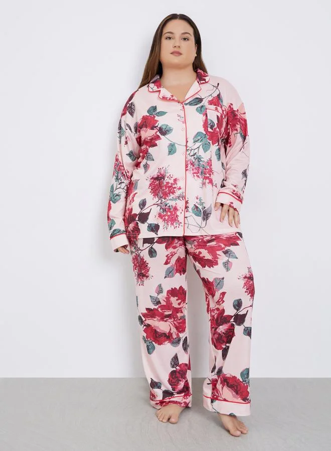 Styli Styli Plus Size Big Scale Floral Print Shirt and Pyjama Set