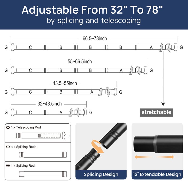 ENJOYBASICS 2 Pack Adjustable Spring Tension Curtain Rods 32 to 78 Inches, Stainless Steel Matte Black Shower Rod No Drilling for Window, Bathroom, Closet, Room Divider, 7/8" Diameter - Image 3