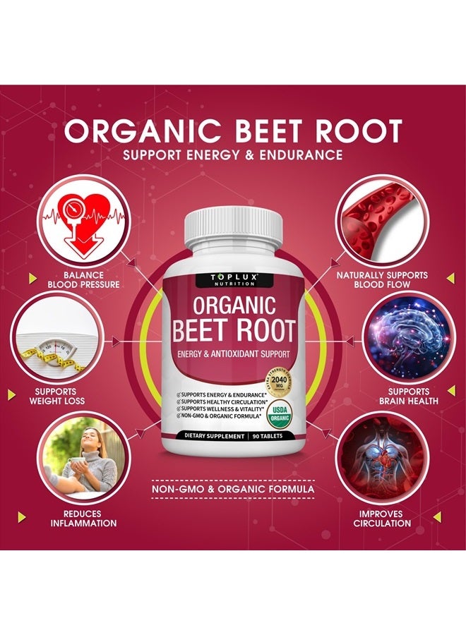 Toplux Organic Beet Root Powder Tablets - 2040mg Natural Nitric Oxide Beets to Support, Energy, Black Pepper Better Absorption, Non-GMO, for Men Women, 90 Tablets  - Image 3