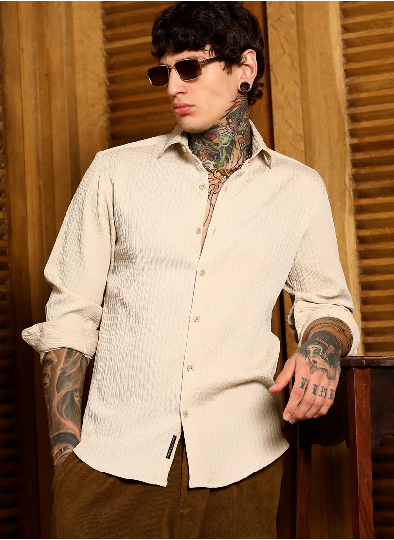 كامبوس سوترا Men's Ecru Beige Braid-Lined Tactile Shirt For Casual Wear | Spread Collar | Long Cuffed Sleeves | Button Closure | Shirt Crafted With Comfort Fit For Everyday Wear