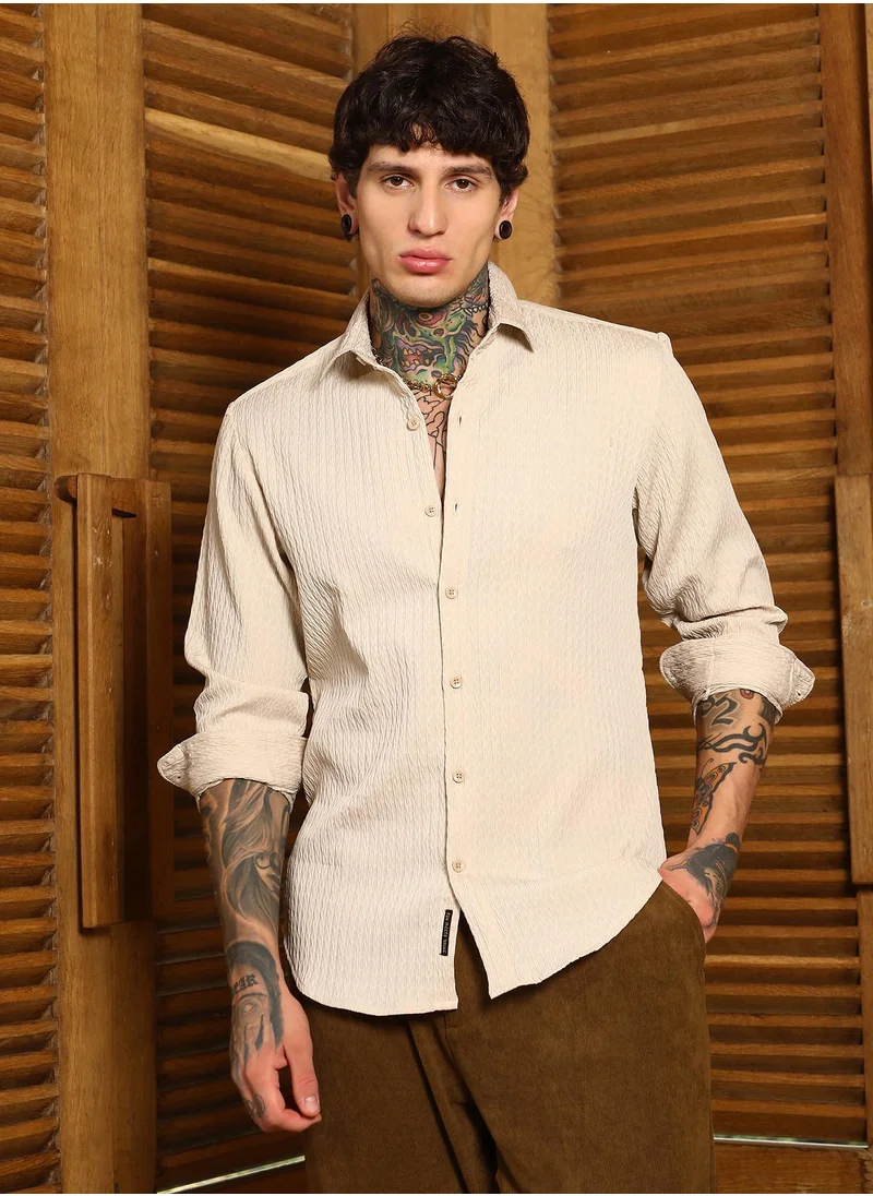 كامبوس سوترا Men's Ecru Beige Braid-Lined Tactile Shirt For Casual Wear | Spread Collar | Long Cuffed Sleeves | Button Closure | Shirt Crafted With Comfort Fit For Everyday Wear