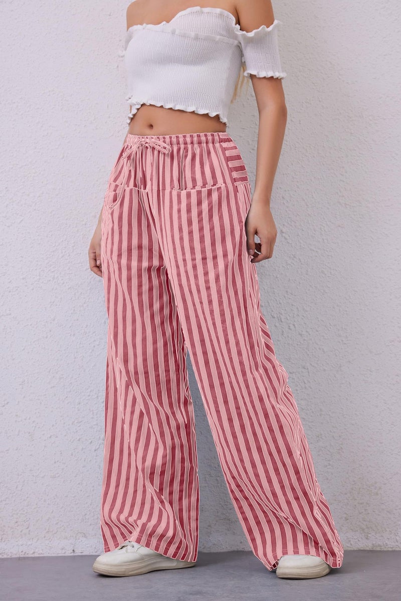 2024 New Womens Wide-Leg Trousers Low-Waist Casual Striped Trousers With Drawstrings Multiple Pockets Straight-Leg Pants Lotus color 