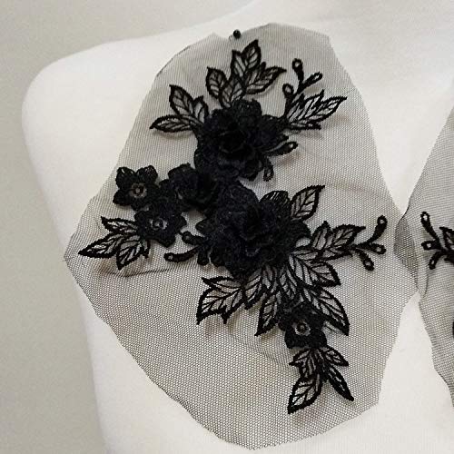 YinQin 2 Pcs Colored 3D Flower Lace Applique Embroidered Material Trim for DIY Wedding Dress Veil Accessories (Black) - Image 2