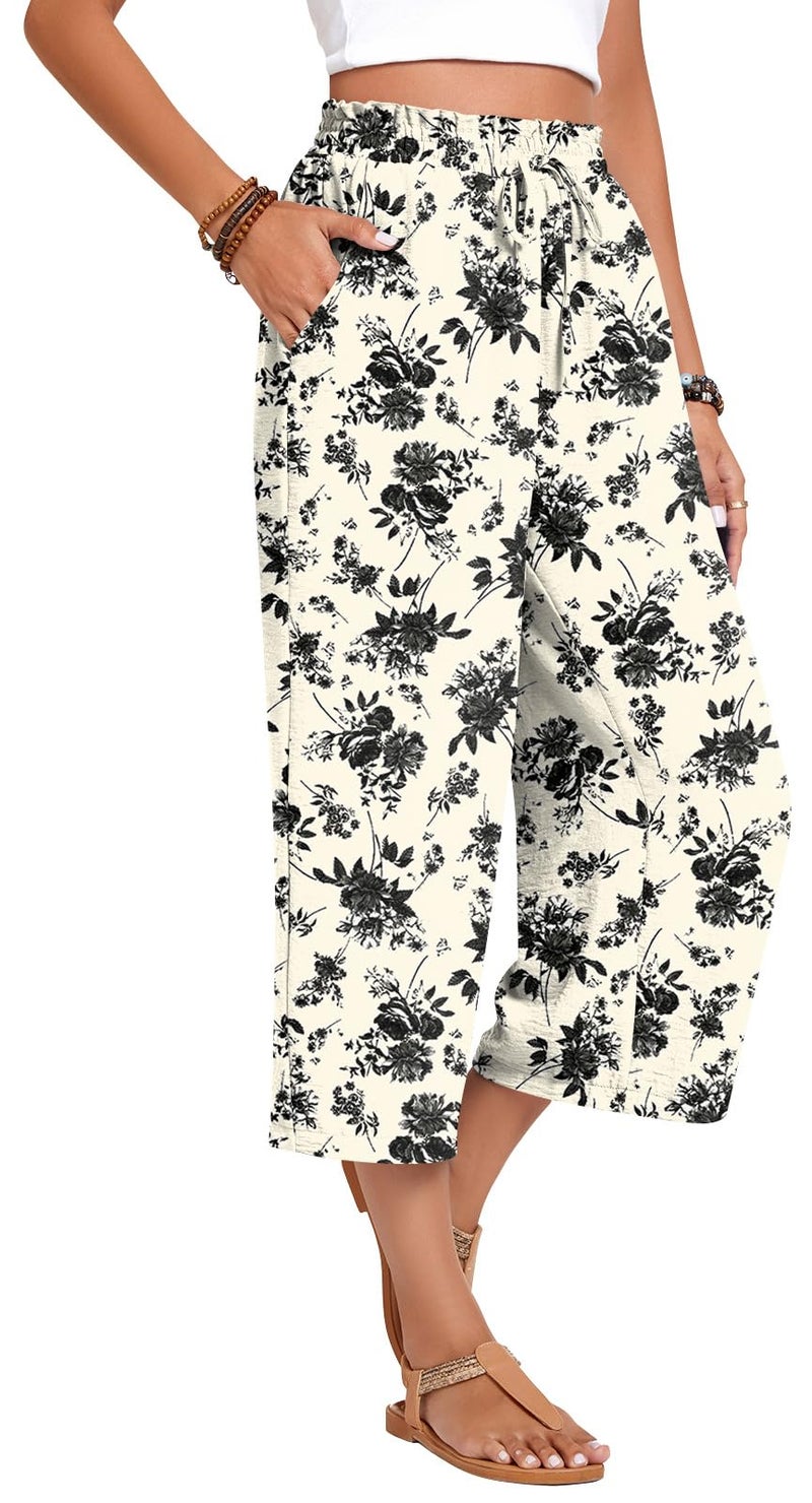 Anyhold Womens Capri Pants Loose High Waisted Wide Leg Lounge Pants Drawstring Casual Palazzo Trousers with Pockets X-Large, Black Flower White - Image 2