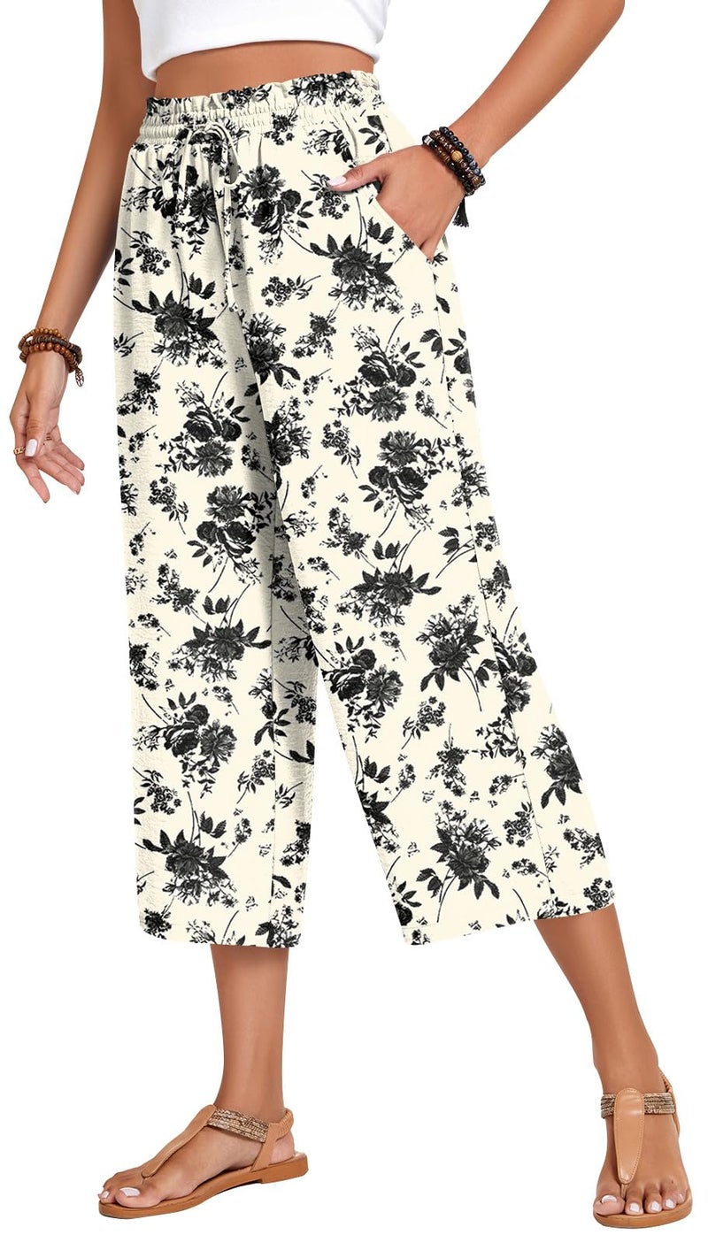 Anyhold Womens Capri Pants Loose High Waisted Wide Leg Lounge Pants Drawstring Casual Palazzo Trousers with Pockets X-Large, Black Flower White - Image 1