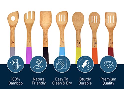 RoyalHouse Wooden Kitchen Utensils Set, 7 Piece Bamboo Cooking Tools, Cooking Spoons and Spatulas with Colored Handles, Non-Stick Wooden Spoons for Cooking - Image 2