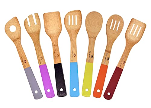 RoyalHouse Wooden Kitchen Utensils Set, 7 Piece Bamboo Cooking Tools, Cooking Spoons and Spatulas with Colored Handles, Non-Stick Wooden Spoons for Cooking - Image 1