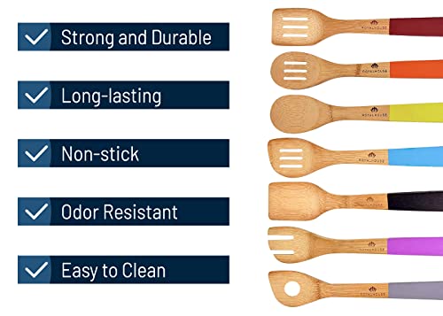 RoyalHouse Wooden Kitchen Utensils Set, 7 Piece Bamboo Cooking Tools, Cooking Spoons and Spatulas with Colored Handles, Non-Stick Wooden Spoons for Cooking - Image 5