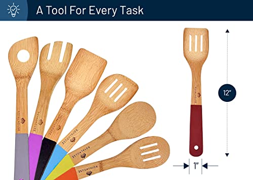 RoyalHouse Wooden Kitchen Utensils Set, 7 Piece Bamboo Cooking Tools, Cooking Spoons and Spatulas with Colored Handles, Non-Stick Wooden Spoons for Cooking - Image 4