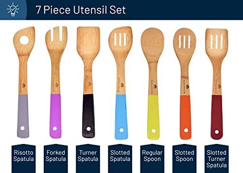 RoyalHouse Wooden Kitchen Utensils Set, 7 Piece Bamboo Cooking Tools, Cooking Spoons and Spatulas with Colored Handles, Non-Stick Wooden Spoons for Cooking - Image 3