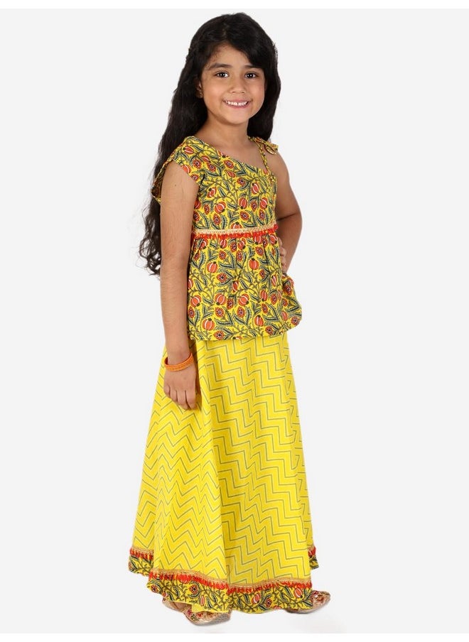 Superminis - superminis Baby Girls Cotton Jaipuri Print One Side Off Shoulder Top/Kurti And Printed Lehnga/Skirt With Dori Closure Casual Dress (Yellow, 4-5 Years) - Image 1