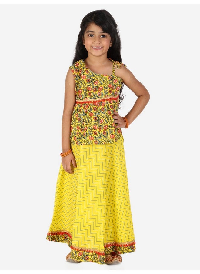 Superminis - superminis Baby Girls Cotton Jaipuri Print One Side Off Shoulder Top/Kurti And Printed Lehnga/Skirt With Dori Closure Casual Dress (Yellow, 4-5 Years) - Image 1