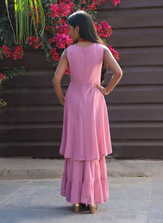 AKS Pink Embroidered Top With Palazzo For Girls