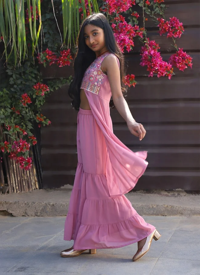 AKS Pink Embroidered Top With Palazzo For Girls