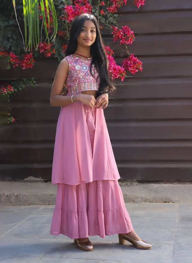 AKS Pink Embroidered Top With Palazzo For Girls