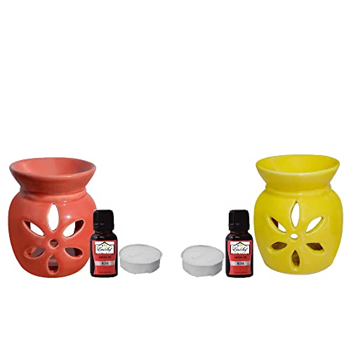 EIN SOF Ceramic Oil Diffuser for Home Fragrance - Set of 2 Room Fragrance Diffuser, Perfume Diffuser for Home, Aroma Therapy Diffuser Oil lamp (Red & Yellow) - Image 1