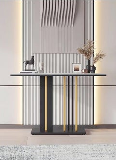 fashionhome Modern Design Rock Slab Console Table Black Sintered Stone Entryway Table Black and Gold Geometric Line Pedestal for Foyer Living Room Offices 140x30x80 cm  - Image 3