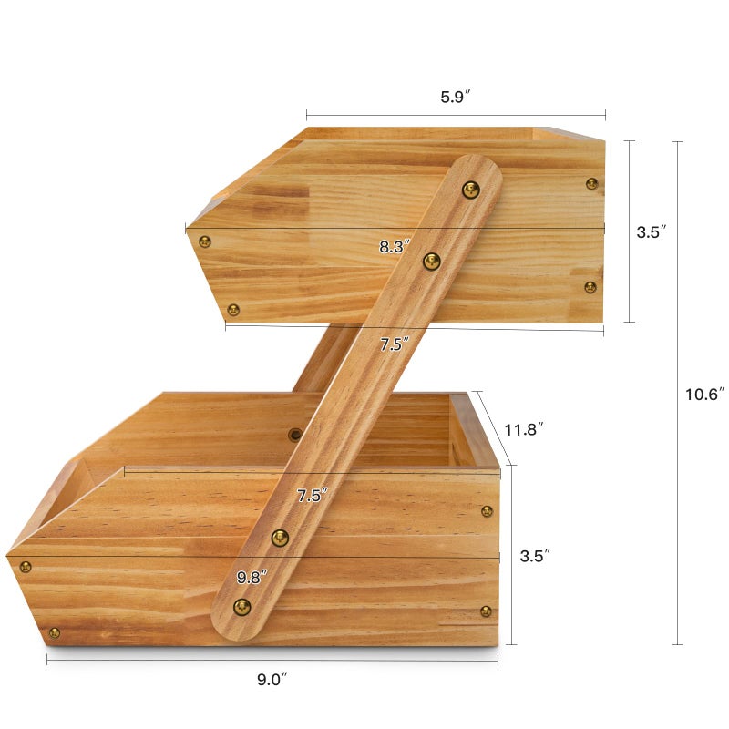 Merysen 2 Tier Wooden Fruit Basket For Kitchen  Bread Vegetable Fruit Basket Bowl Stand  Farmhouse Fruit Bowl for Countertop  Large - Image 5
