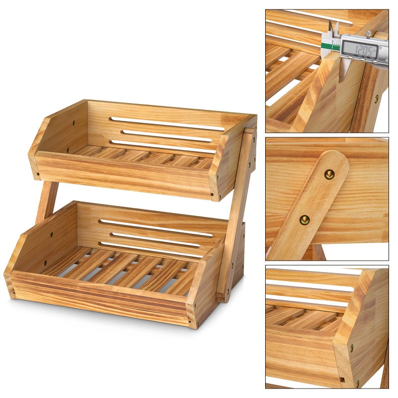 Merysen 2 Tier Wooden Fruit Basket For Kitchen  Bread Vegetable Fruit Basket Bowl Stand  Farmhouse Fruit Bowl for Countertop  Large - Image 3