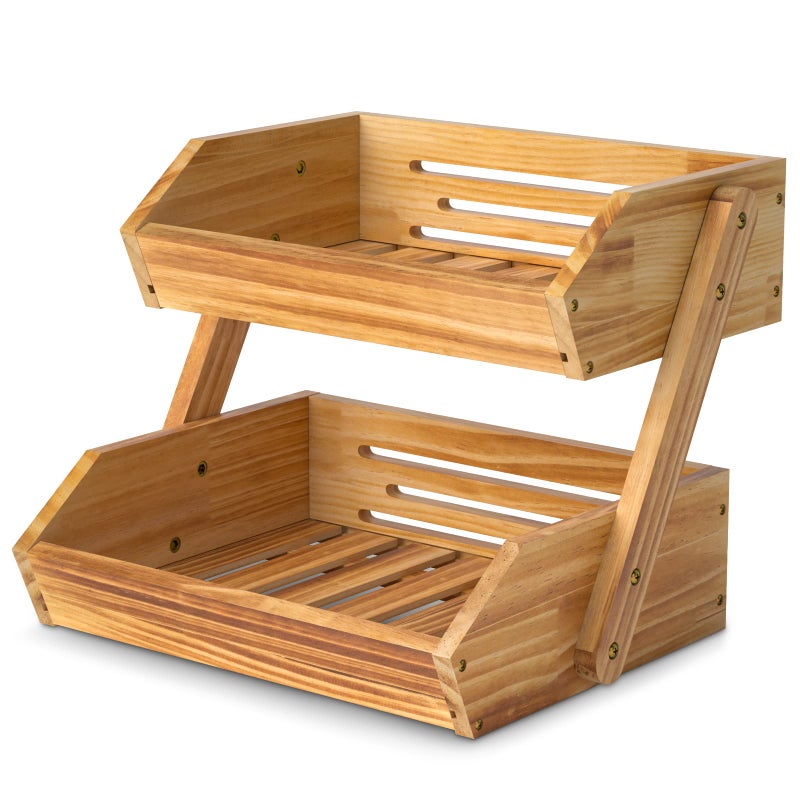 Merysen 2 Tier Wooden Fruit Basket For Kitchen  Bread Vegetable Fruit Basket Bowl Stand  Farmhouse Fruit Bowl for Countertop  Large - Image 1