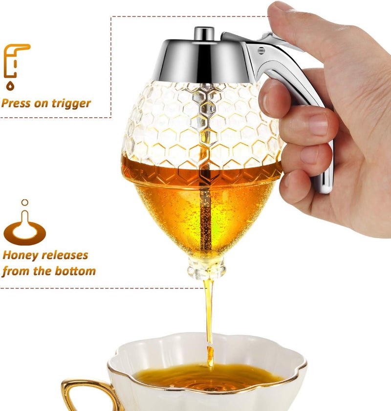 BOAO Acrylic Honey Dispenser with Stand Honey Comb Shaped Honey Pot, Syrup and Sugar Jar Pot, No Drip Honey Dispenser with High Capacity Honey Pourer Dispenser - Image 2