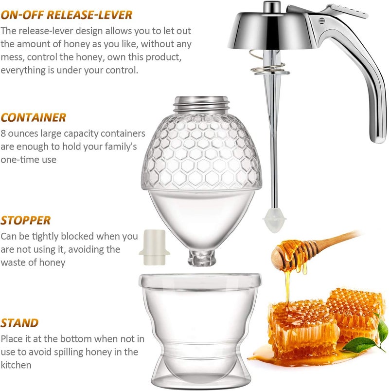 BOAO Acrylic Honey Dispenser with Stand Honey Comb Shaped Honey Pot, Syrup and Sugar Jar Pot, No Drip Honey Dispenser with High Capacity Honey Pourer Dispenser - Image 3