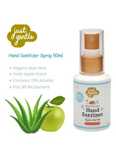 Just Gentle Just Gentle Hand Sanitizer Spray 50 ml | 70% Alcohol, Kills 99.99% of Germs, Gentle on Sensitive Skin, Moisturizing with Aloe Vera and contains a refreshing apple scent.  - Image 2