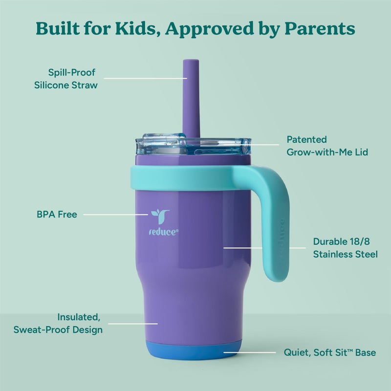 REDUCE 14 Oz Coldee Kids Tumbler with Lid and Straw - Coldee Insulated Travel Mug - Spill-Proof, Sweatproof Stainless Steel, BPA-Free - Includes Handle, Reusable Silicone Straw - Magnetic Purple - Image 4