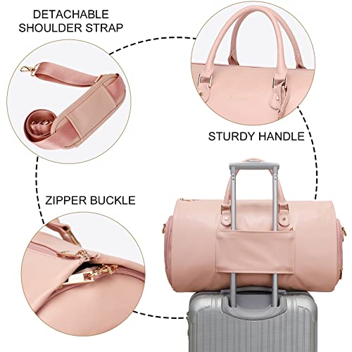 Modoker Women Convertible Leather Garment Bag with Shoulder Strap, Carry on Garment Duffel Bag - 2 in 1 Hanging Suitcase Suit Travel Bags Pink - Image 5