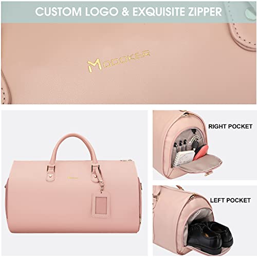 Modoker Women Convertible Leather Garment Bag with Shoulder Strap, Carry on Garment Duffel Bag - 2 in 1 Hanging Suitcase Suit Travel Bags Pink - Image 4