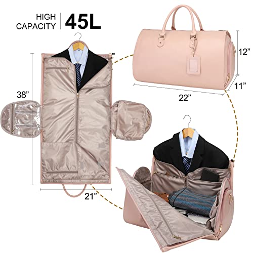 Modoker Women Convertible Leather Garment Bag with Shoulder Strap, Carry on Garment Duffel Bag - 2 in 1 Hanging Suitcase Suit Travel Bags Pink - Image 3