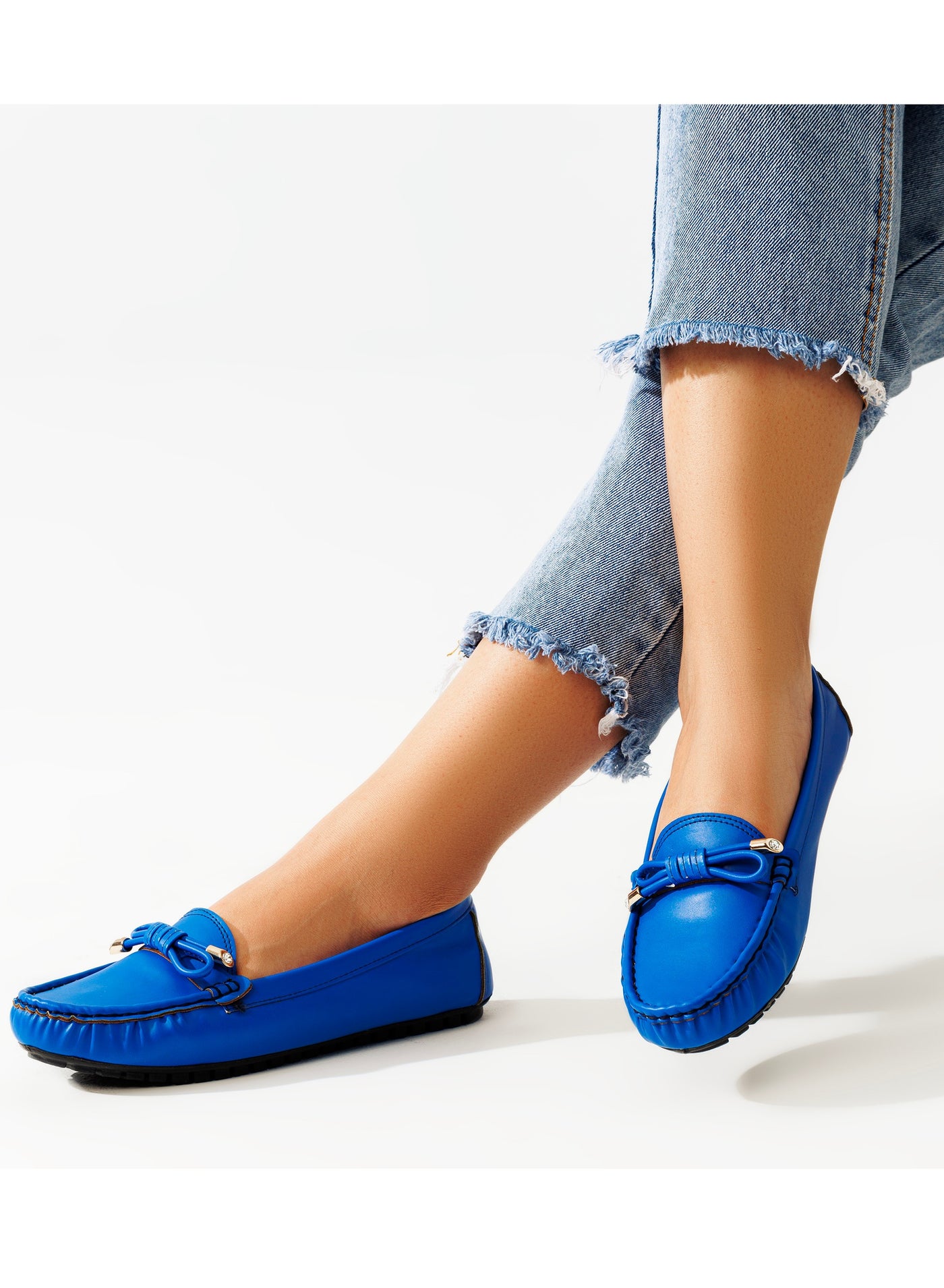 Elegant, High-quality Leather Flat Ballerina With A Bow On The Front-BLUE