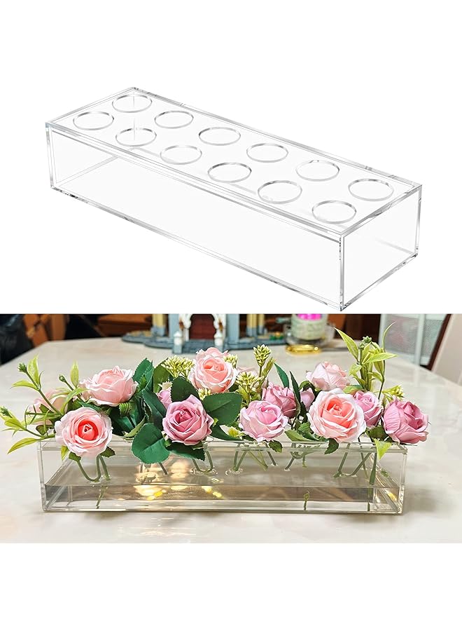 The Bros مزهرية مستطيلة طويلة من الأكريليك بـ 12 فتحة، مزهرية مستطيلة طويلة للزهور، مزهرية زهور شفافة حديثة للديكور المنزلي وحفلات الزفاف (شفافة)