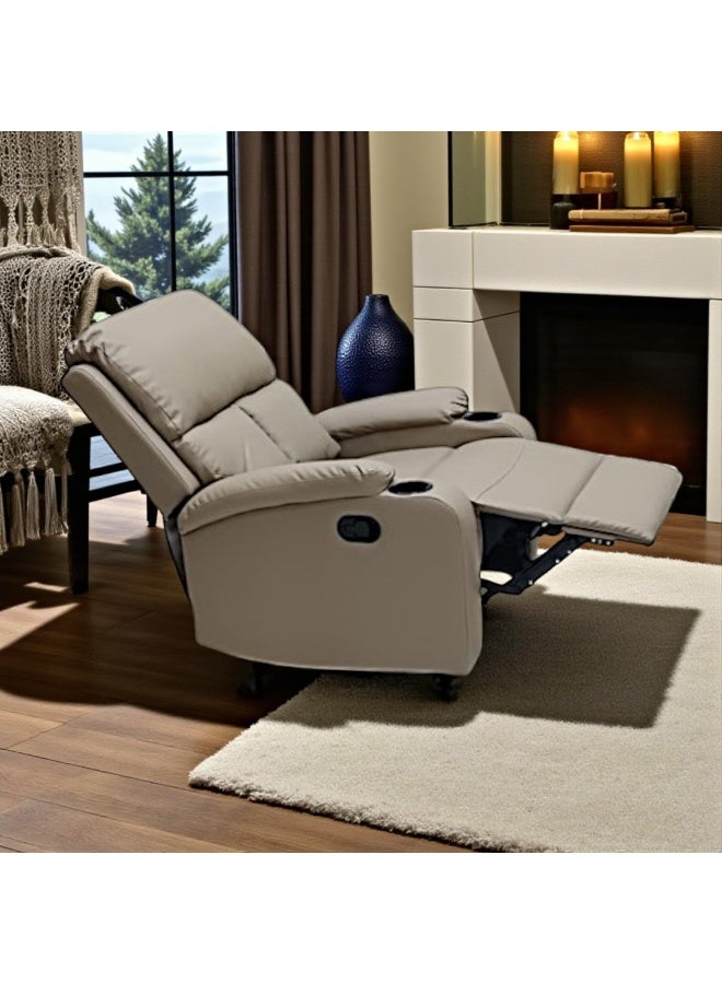 مفروشات صابر واخوانه (ذ.م.م) SBF Single Seater PU Leather Manual Recliner with Cup Holders - Modern Design, Ultimate Comfort, One-Seat Relaxing Chair, Ideal Living Room Furniture For Home Relaxation Experience, Beige - Image 3