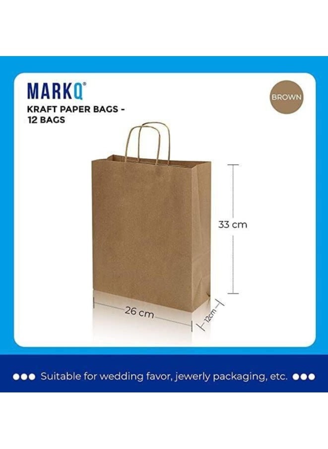 MARKQ - Brown Paper bags with handles 33 x 26 x 12 cm Large Kraft Gift bags for Birthday Party Supplies, Weddings, Shopping, Presents (12 Bags) - Image 1