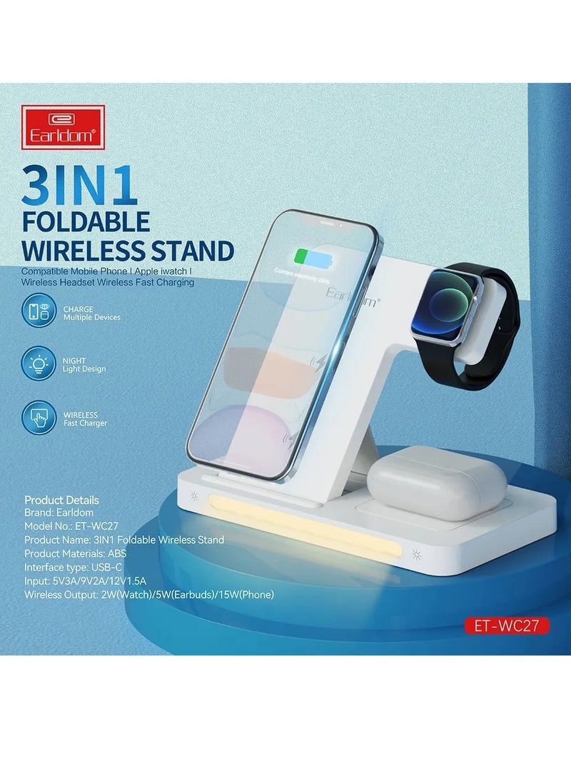 Earldom 15W wireless charger 3 in one Adapter Fast Charging 3 in 1 Wireless Charger Foldable For iPhone for iWatch - Image 2