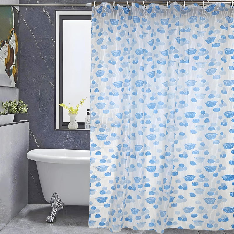 Kuber Industries PVC Floral Shower Curtain with Hooks, Size Standard (Blue), Washable, Pack of 1 - Image 1