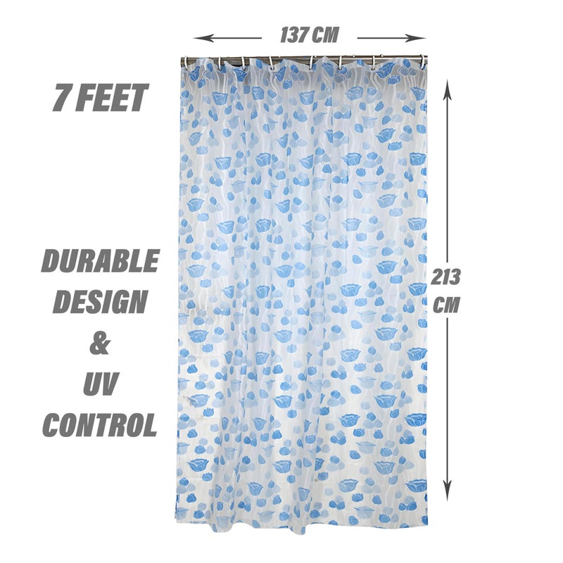 Kuber Industries PVC Floral Shower Curtain with Hooks, Size Standard (Blue), Washable, Pack of 1 - Image 3